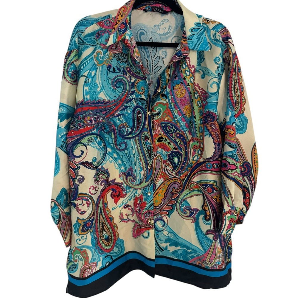 ZARA Oversized Blue Satin-Effect Paisley Shirt, Size M‎